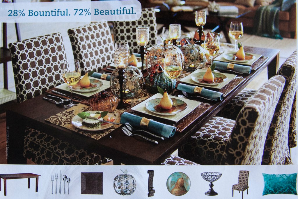 My last tear is from Pier one imports. I saw these fabulous little plates with painted fruits on them when I was looking on line. That day I went and bought them! They are beautiful and I though they'd be wonderful for fall. It's really hard for me to find blue and green tableware for the fall and winter holidays so I was stoked to find these. I'm totally going to use this ad as inspiration to set my table for Thanksgiving.