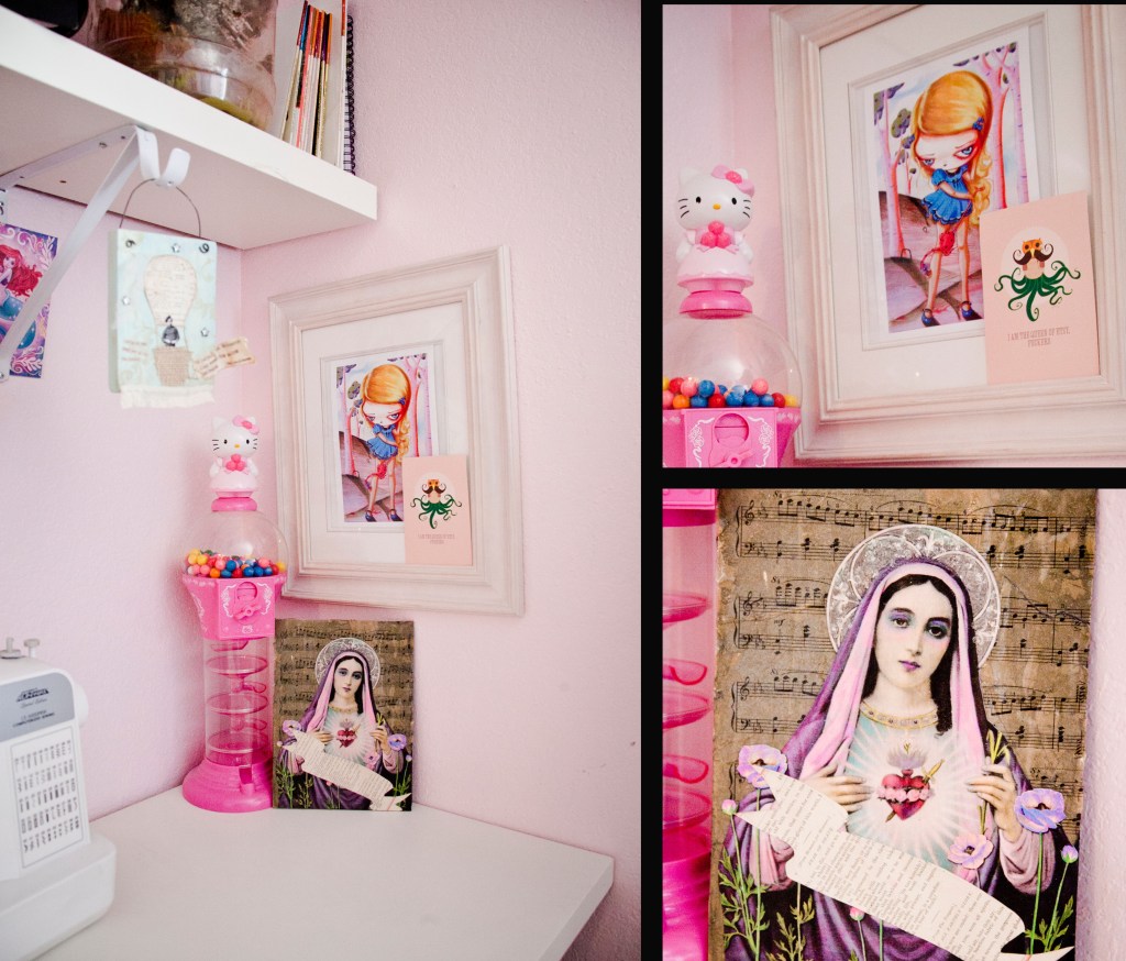 As you start to get closer you can see all the cool bits and pieces of originality. I love the painting of the little girl by Pinky Toast. So much of these items were created my Mallory herself. 