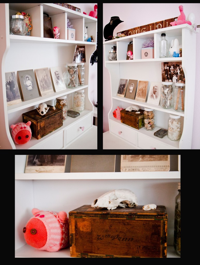 I really liked this little apothecary shelving space. Treasures in jars! I was just standing in front of everything looking and looking some more.