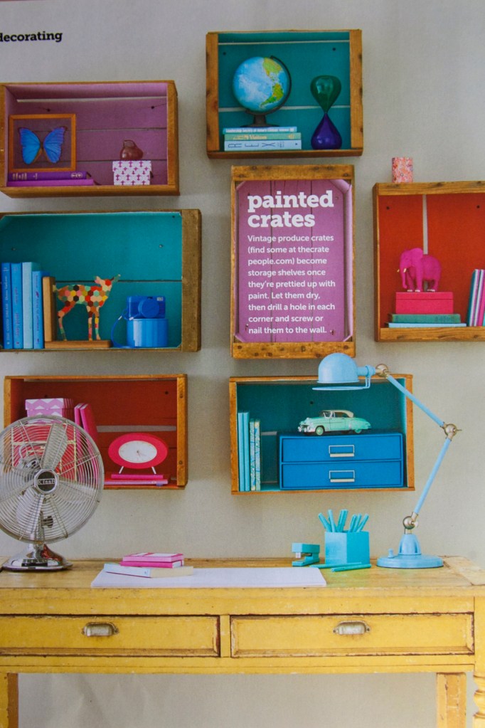 I kind of really like this HGTV idea of making shelves out of old crates. I LOVE the idea of painting the inside with fabulous color! I'm totally down to try this one out.