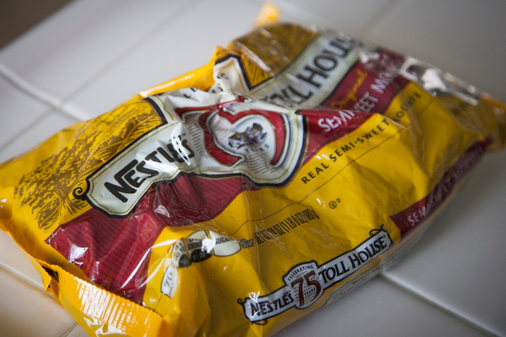 Giant bag of chocolate chips. Sometimes these disappear before they can become part of a cookie, a trick I learned from my dad.