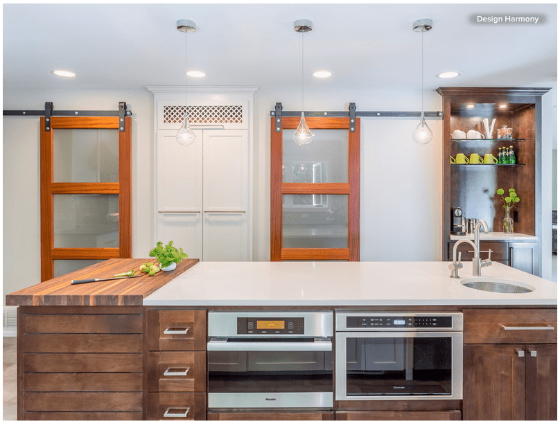 Great use of the sliding doors in this kitchen. Imagine doors opening every time you went into a pantry or broom closet. Plus, I really like the look of the doors and they can be treated as another wall feature for sure.