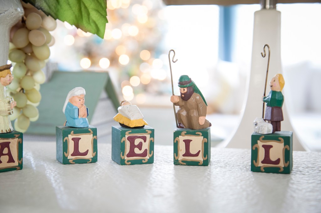 Each daughter has put these out, spelling as they go. Little Jesus, Mary and Joseph.