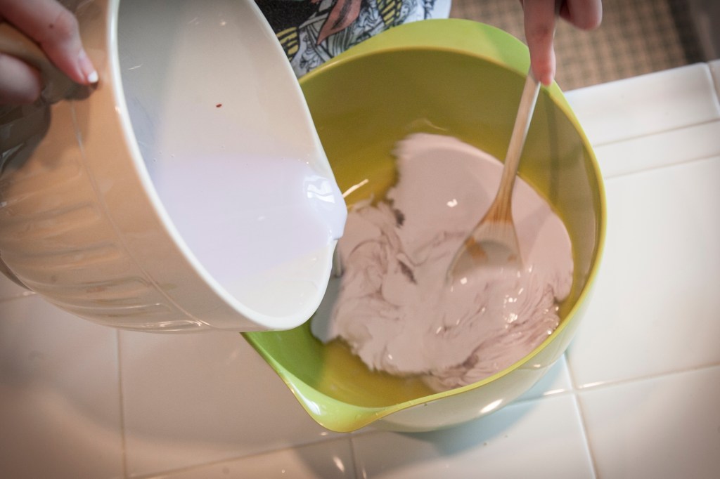 As soon as the borax touches the glue mixture, it begins to harden. We felt more prepared for this the second time around.