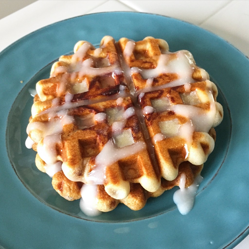 Finished waffles. I just drizzled the icing over the top. This is a little plate, so the waffles are on the smaller size. I guess that means you should have at least two. 