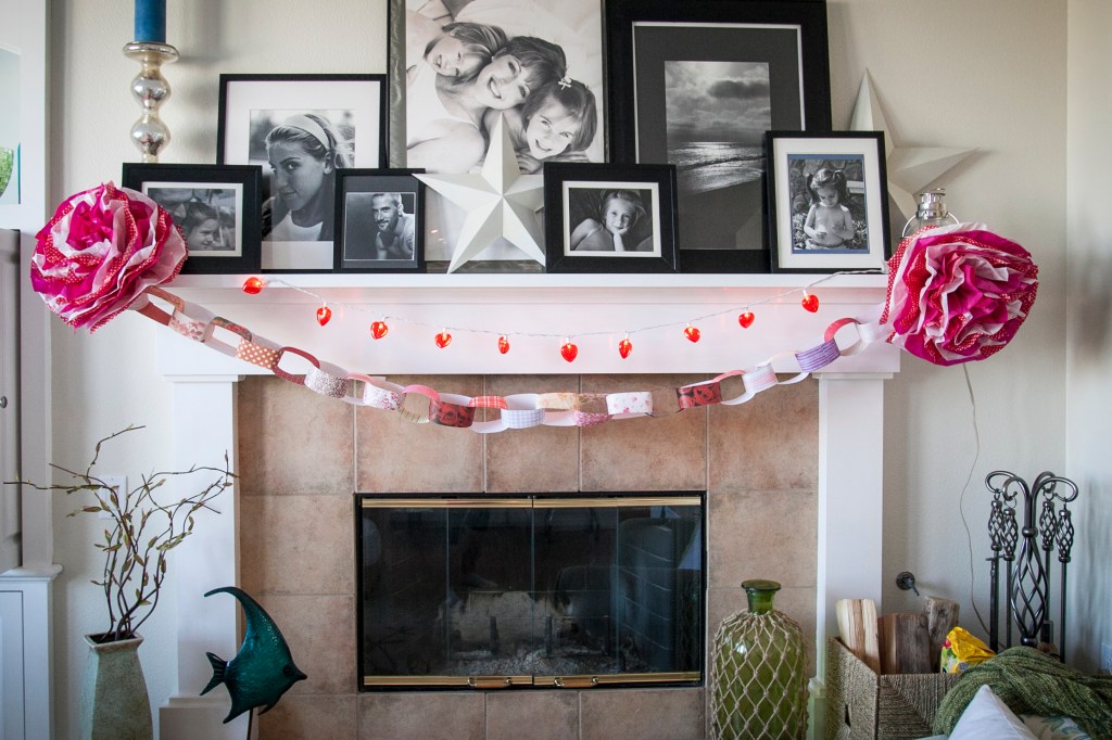 Heart lights, paper chains, and tissue flowers!