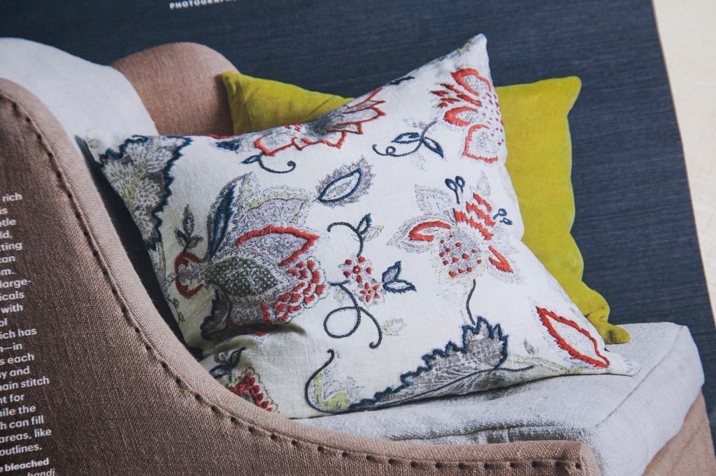 This pillow is from the new Martha Stewart, Living March 2015, issue. It's from an article about embroidering over pretty fabrics to enhance their design. In fact it's about cutting out the, "I don't know what to embroider" stage of the craft. there are several beautiful examples and ideas that really made me want to give this a try. We can all embroider, right?