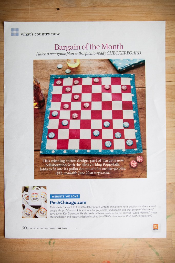 Another little post by Country Living Magazine! How cute is this checker board made of fabric for a picnic? It made me start thinking. What about making a wooden board or a giant board? When you really think of it the ideas for a handmade checker board are huge!