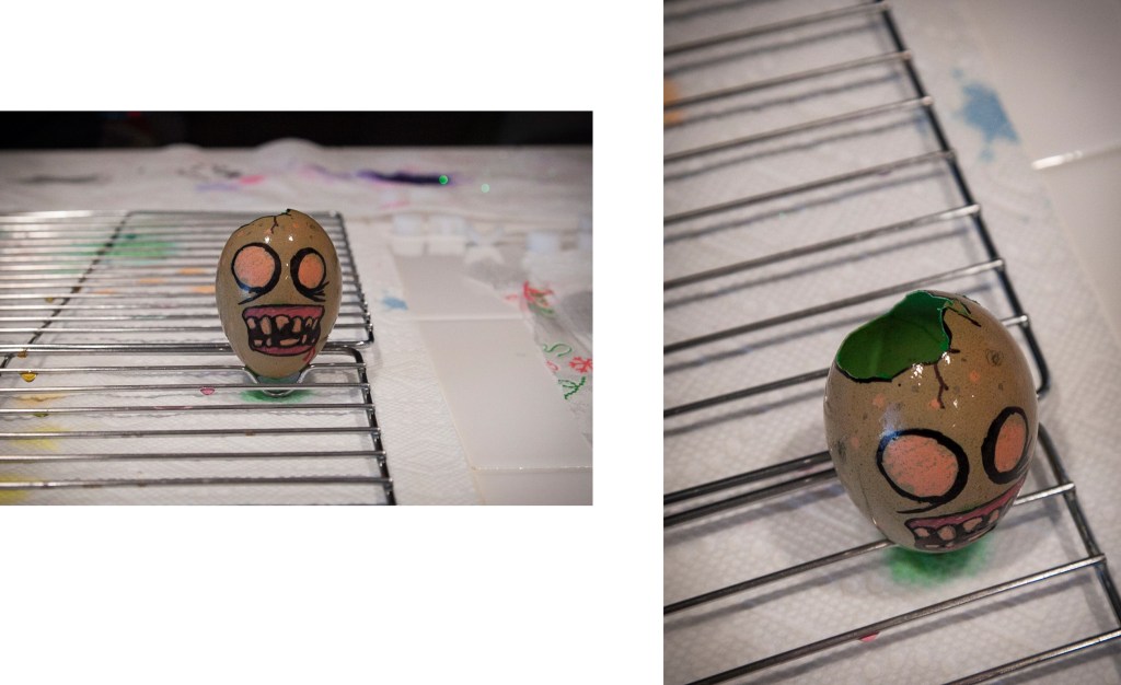 And here is my favorite egg of the night! I know moms are not supposed to have favorites but I can't help myself. I was so happy to see this one. Steven made it! It was our poor broken egg and in honor of The Walking Dead half-season finally, it's a ZOMBIE EGG! I love the teeth and details of this egg. It's not traditional, but then again nothing at our house ever is. It's perfect. 