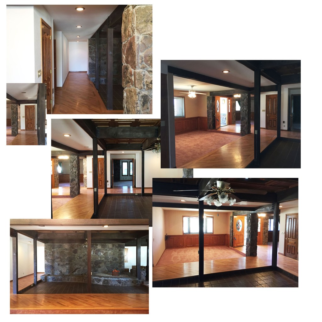 Ok, here are the before pictures of the house's entry and halls. As you can see the house is very open. The space surrounded by the dark wooden posts was once an atrium area with a jacuzzi in it. Yes, I really just said that there is a jacuzzi in my living room. The ceiling used to open up to the sky and you could see the stars while sitting in the jacuzzi. PS you can now see the pink carpet in the dinning room and den also. Anyway, notice all the rock everywhere. It gave the house a real cave feeling as you walk in. That large rock wall is the first thing you see when you walk into the house. Then there was rock on four of the posts around the entry. After the three drop down floors we are left with a runway-like wood floor. For a girl like me, it spells disaster. I've been know to walk into a large wall let alone a post! If I can fall down a staircase, I can't even imagine how many times I was going to fall into the dining room or living room. Needless to say, we've been making some changes. 