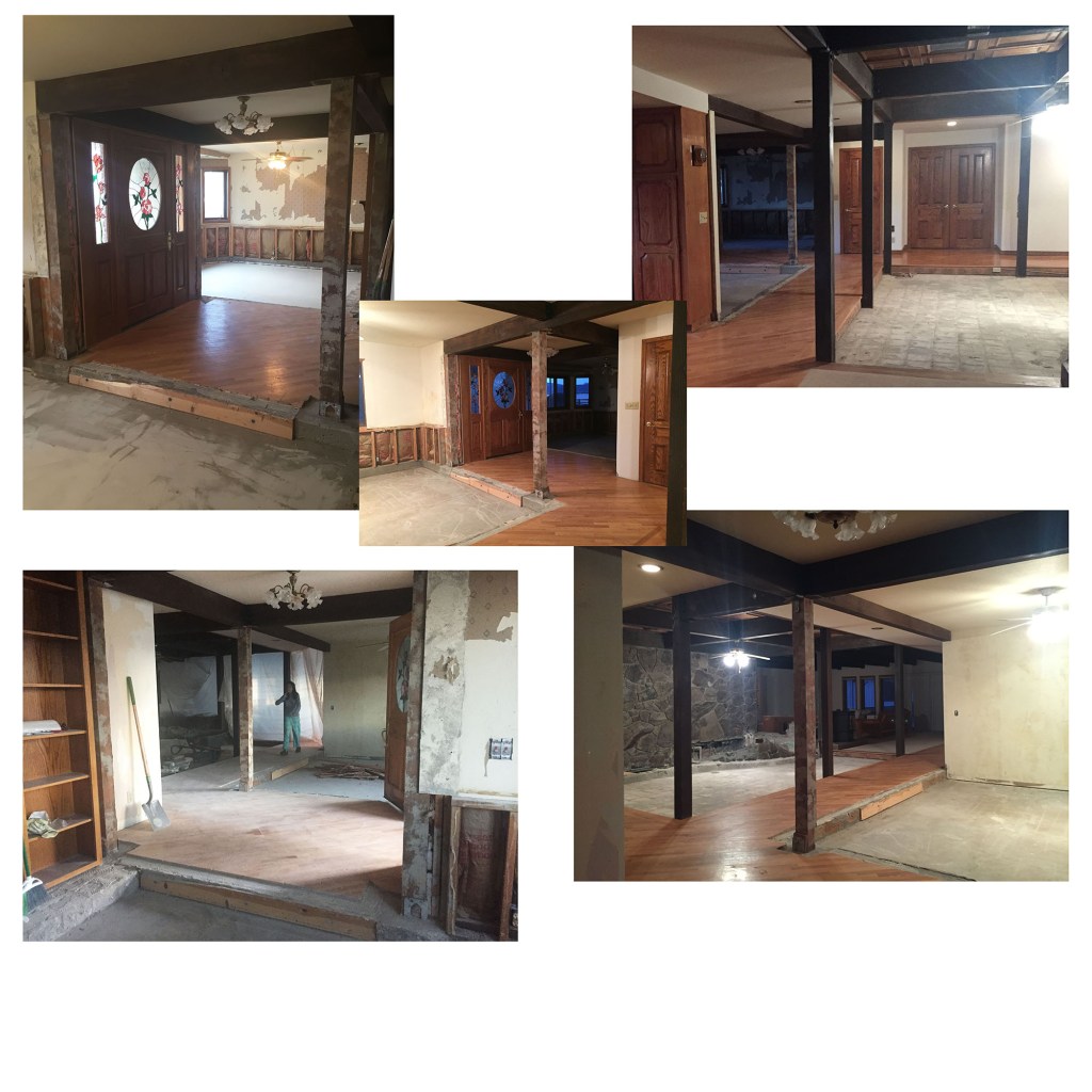 So, you can see in these photos what we've done so far. We removed all the carpet and some of the wood flooring. All four posts around the entry have been stripped  of the rocks. I was so happy to see that putting sheetrock over the posts next to the door will make them completely disappear. Seriously, I cried when I noticed it. It's showing me that this place is going to look like a real house and my visions for it just may happen! As you can see we've removed a lot of other things in the place but I'll give the details on that as we travel through the rooms themselves. I really wish I was able to get in the house and shoot it like I would professionally, but I was just too excited to get to work and I really don't want my camera around the construction dust. We'll have to look at cell phone pics during the real messy parts. 